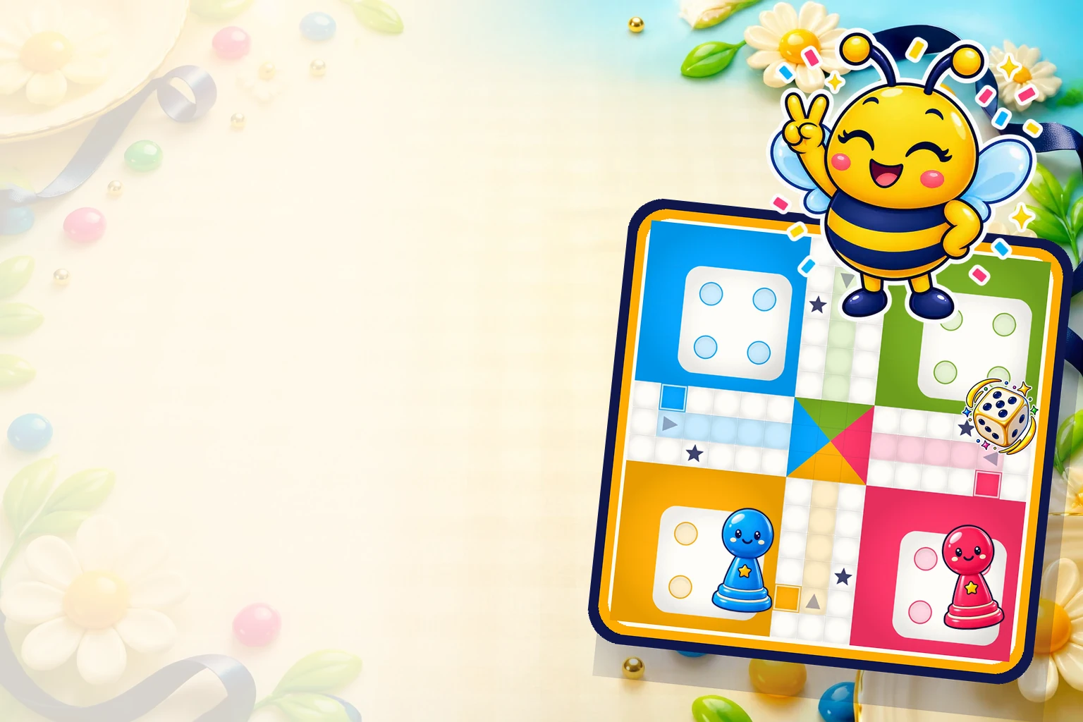 Bibi the bee flying over a sunny ludo board, the dice mid-roll